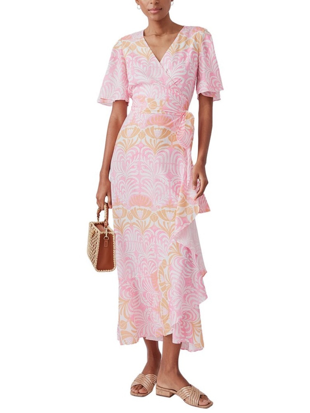JMclaughlin Audette Dress Pink Orange Paisley Floral Wrap Dress Size Medium